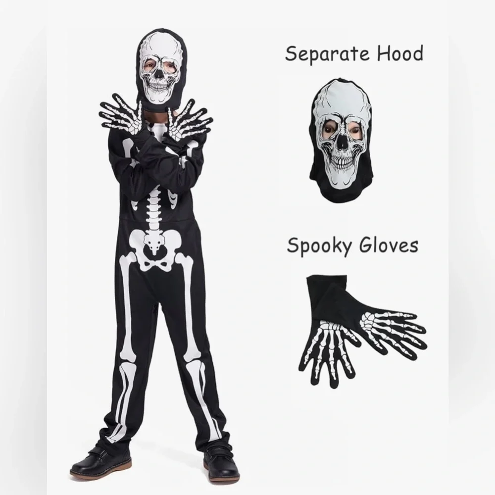 💀 NWT Kids Skeleton Costume Glow in The Dark Skeleton Halloween Costume age 9-11